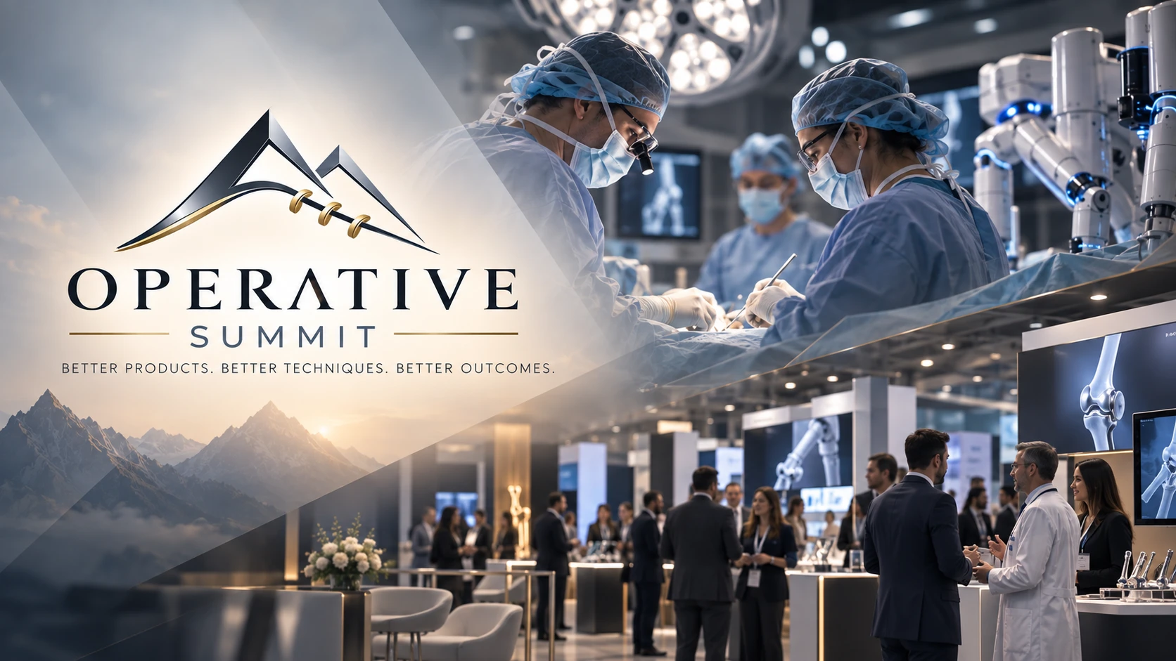 Operative Summit — Better Products. Better Techniques. Better Outcomes. Surgeons operating alongside a robotic surgical system, and perioperative professionals meeting device representatives in a virtual exhibit hall.